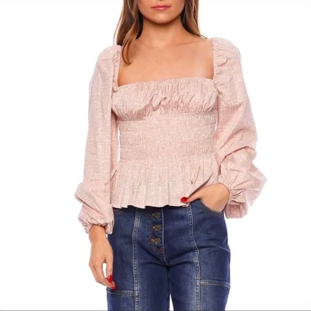 Staud Jules Top Smocked Square Neck Puff Sleeve Long Sleeve Pastel Maze XS